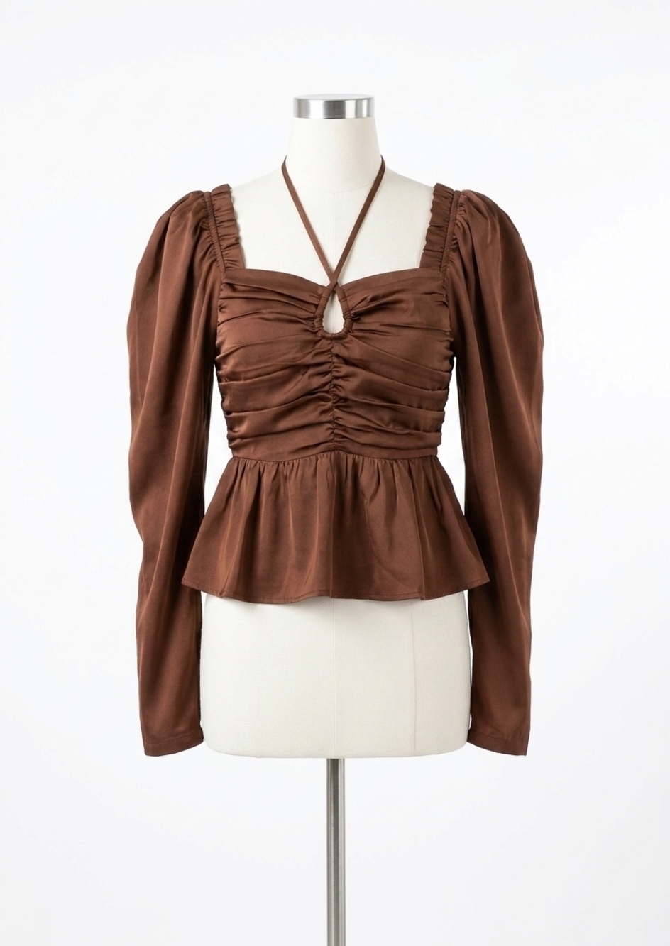 NEW SIX/FIFTY satin ruched long sleeve blouse in brown
